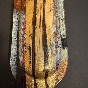 Jasmine Art Glass 8" U Shaped Hand Painted Gold/Vivid Fused Vase w/o Stand